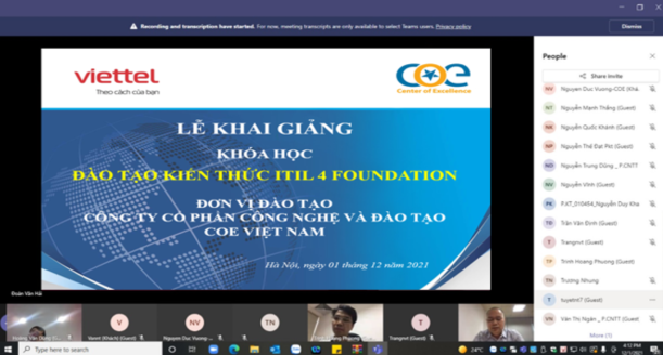 COE Việt Nam tổ chức thành công khóa học ITIL 4 Foundation dành cho các nhân sự của Tổng công ty Mạng lưới Viettel (Viettel Net) theo hình thức trực tuyến.